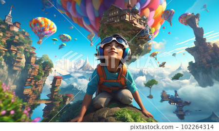 A Kid with VR glasses in some fantastic imaginative gaming world. Ai generated. 102264314