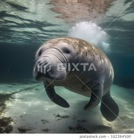 Manatee underwater shooting. Sea cow, large marine animal, mammal. Close-up, ai generative Manatee underwater shooting. Sea cow, large marine animal, mammal. Close-up, ai generative 102264500