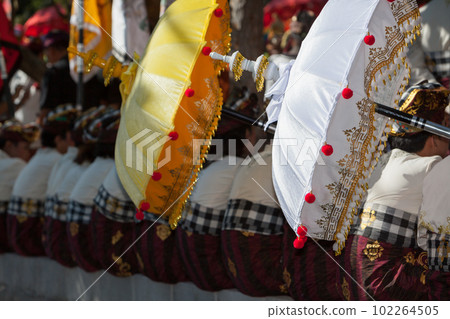 Young men in Balinese costumes sarong with traditional umbrellas. 102264505