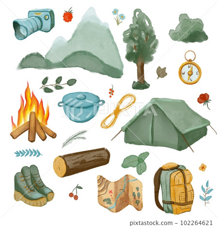 watercolor set of drawings - hiking in the mountains, forest, travel digital watercolor set of drawings - hiking in the mountains, forest, travel digital 102264621