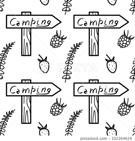 Seamless pattern contour drawings of hiking, camping 102264629