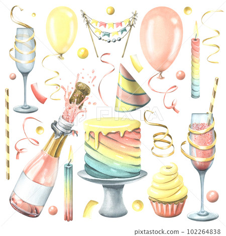 Festive set for a birthday or holiday with a cake, gifts, candles, champagne in bottles and glasses, balloons. Watercolor illustration hand drawn. Isolated objects on a white background Festive set for a birthday or holiday with a cake, gifts, candles, champagne in bottles and glasses, balloons. Watercolor illustration hand drawn. Isolated objects on a white background 102264838