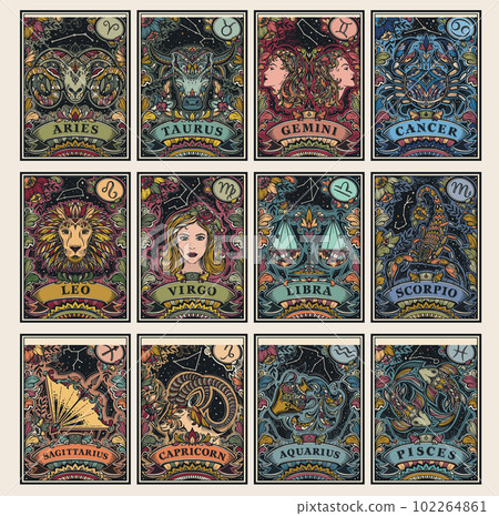 Beautiful colorful pre-made cards with zodiac signs illustrations and flowers Beautiful colorful pre-made cards with zodiac signs illustrations and flowers 102264861