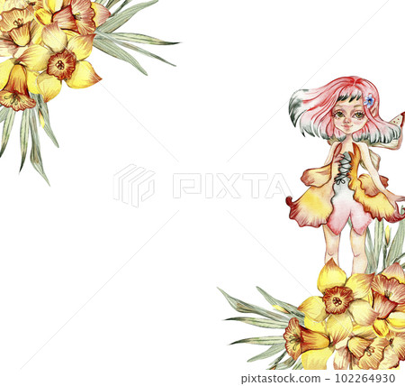 Summer flowers corner,watercolor illustration for cards,backgrounds. Watercolor illustration for scrapbooking.Cartoon hand drawn background with flower for kids design. Perfect for wedding invitation. 102264930