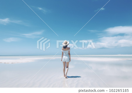 Beautiful woman in white dress and hat walking on the beautiful tropical beach and sea with blue sky background. Summer vacation concept Beautiful woman in white dress and hat walking on the beautiful tropical beach and sea with blue sky background. Summer vacation concept 102265185