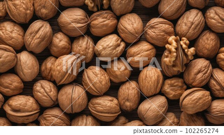 Organic Walnut Nuts Photorealistic Horizontal Background. Nutritious Vegetarian Protein Snack. Ai Generated Hyperrealistic Background with Delicious Tasty Walnut Nuts. 102265274