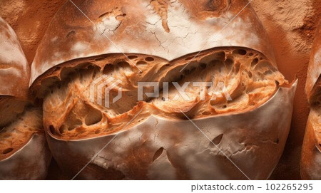 Freshly Baked Sourdough Bread Photorealistic Horizontal Background. Crusty Pastry, Gourmet Bakery. Ai Generated Hyperrealistic Background with Aromatic Traditional Sourdough Bread . 102265295
