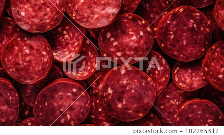 Delicious Salami Meat Product Photorealistic Horizontal Background. Savory Food, Gourmet Appetizer. Ai Generated Hyperrealistic Background with Delicious Deli Salami Meat Product. Delicious Salami Meat Product Photorealistic Horizontal Background. Savory Food, Gourmet Appetizer. Ai Generated Hyperrealistic Background with Delicious Deli Salami Meat Product. 102265312