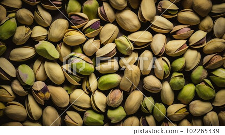Organic Pistachio Nuts Photorealistic Horizontal Background. Nutritious Vegetarian Protein Snack. Ai Generated Hyperrealistic Background with Delicious Tasty Pistachio Nuts. Organic Pistachio Nuts Photorealistic Horizontal Background. Nutritious Vegetarian Protein Snack. Ai Generated Hyperrealistic Background with Delicious Tasty Pistachio Nuts. 102265339