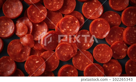 Delicious Pepperoni Meat Product Photorealistic Horizontal Background. Savory Food, Gourmet Appetizer. Ai Generated Hyperrealistic Background with Delicious Deli Pepperoni Meat Product. 102265343