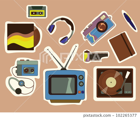 Vector retro style stickers set with various vintage objects. Vinyl record player, photo camera, TV set, cassette player etc 102265377