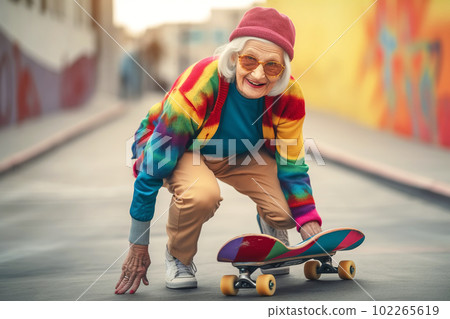 Nice old skateboarder wears vivid clothes and skateboarding down the city street. Generative AI illustration 102265619