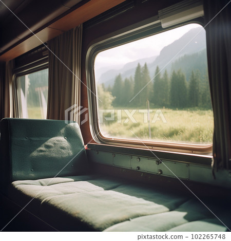 The interior of a large caravan auto trailer, outside the window sees a beautiful natural landscape of forests and meadows The interior of a large caravan auto trailer, outside the window sees a beautiful natural landscape of forests and meadows 102265748