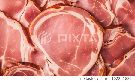 Delicious Ham Meat Product Photorealistic Horizontal Background. Savory Food, Gourmet Appetizer. Ai Generated Hyperrealistic Background with Delicious Deli Ham Meat Product. Delicious Ham Meat Product Photorealistic Horizontal Background. Savory Food, Gourmet Appetizer. Ai Generated Hyperrealistic Background with Delicious Deli Ham Meat Product. 102265825