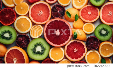 Fresh Organic Fruit Slices Photorealistic Horizontal Background. Healthy Vegetarian Diet. Ai Generated Hyperrealistic Background with Delicious Juicy Fruit Slices. 102265882