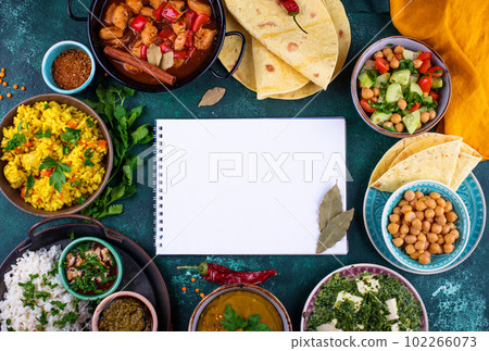 Assorted of traditional Indian food. 102266073