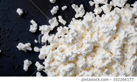Fresh Organic Cottage Cheese Dairy product Photorealistic Horizontal Background. Lactose And Protein Rich Food. Ai Generated Hyperrealistic Background with Tasty Creamy Cottage Cheese Dairy product. 102266177