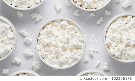 Fresh Organic Cottage Cheese Dairy product Photorealistic Horizontal Background. Lactose And Protein Rich Food. Ai Generated Hyperrealistic Background with Tasty Creamy Cottage Cheese Dairy product. 102266178