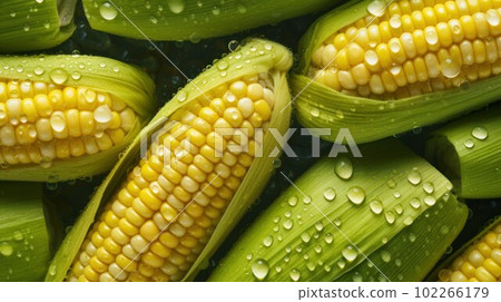 Fresh Organic Corn Vegetable Photorealistic Horizontal Background. Healthy Vegetarian Diet. Ai Generated Hyperrealistic Background with Delicious Juicy Corn Vegetable. 102266179