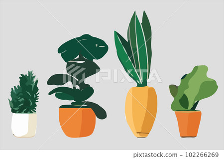 Urban jungle, trendy home decor with plants, cacti, tropical leaves in stylish planters and pots. 102266269