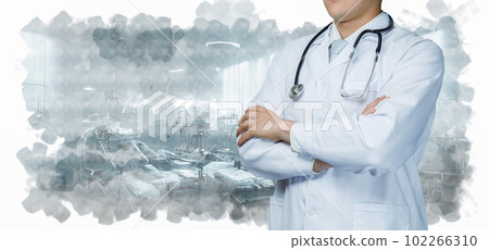 The doctor crossed in arms stands. The doctor crossed in arms stands. 102266310