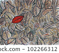 Red leaf on a background of brown and yellow leaves. Autumn watercolor background. Drawing, gouache  102266312
