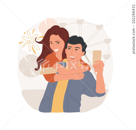 Amusement park isolated cartoon vector illustration. Teenagers dating at park, young couple hugging and having amusement, romantic relationship, first love, teens communication vector cartoon. Amusement park isolated cartoon vector illustration. Teenagers dating at park, young couple hugging and having amusement, romantic relationship, first love, teens communication vector cartoon. 102266431