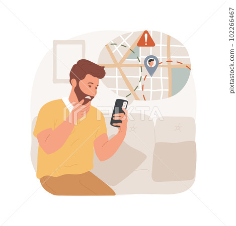 Geofencing tool isolated cartoon vector illustration. Parental control app, monitoring system, using geofencing tool, teen walking with smartphone, map on screen with red zone vector cartoon. Geofencing tool isolated cartoon vector illustration. Parental control app, monitoring system, using geofencing tool, teen walking with smartphone, map on screen with red zone vector cartoon. 102266467