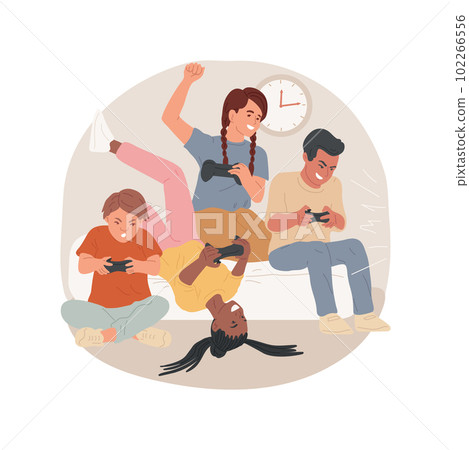 Game night isolated cartoon vector illustration. Teenage friends, video game night, gaming party, birthday celebration, diverse boys and girls play together, having fun at home vector cartoon. 102266556