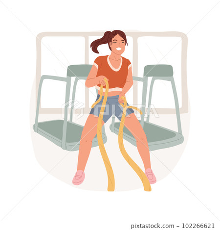 Strength training isolated cartoon vector illustration. Young teenage girl doing exercises with rope in gym, enjoying sport training, physical activity, building muscles vector cartoon. Strength training isolated cartoon vector illustration. Young teenage girl doing exercises with rope in gym, enjoying sport training, physical activity, building muscles vector cartoon. 102266621