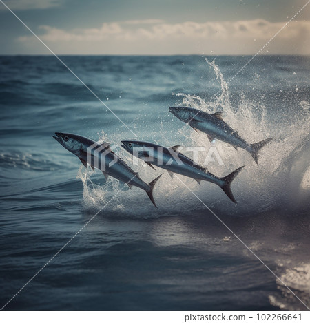 A flock of fish jumps out of the water over the surface of the sea, flying fish, close-up, beautiful seascape A flock of fish jumps out of the water over the surface of the sea, flying fish, close-up, beautiful seascape 102266641