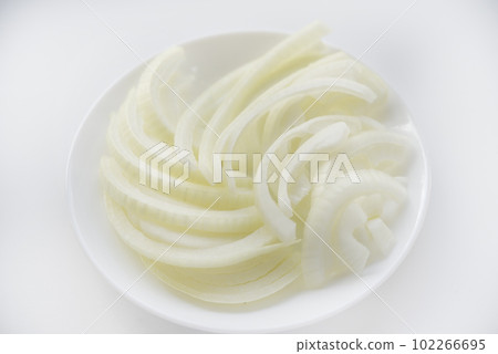 Chopped onion on a white plate. Fresh onion. Vegetables close-up. Chopped onion on a white plate. Fresh onion. Vegetables close-up. 102266695