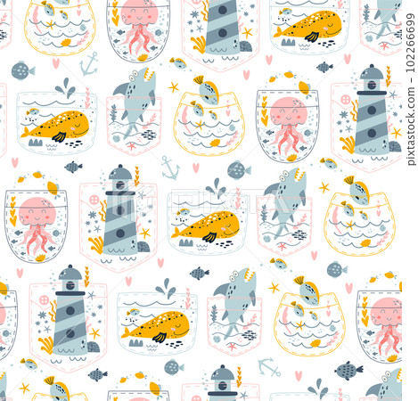 Marine life seamless pattern with shark, fish, while, jellyfish, lighthouse into the pockets. Funny underwater life repeat background in vector. 102266699