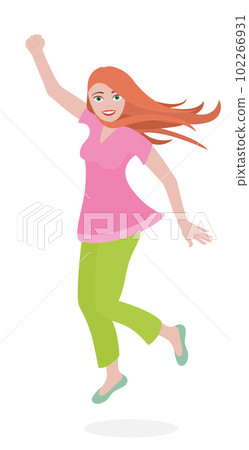 Jumping red-haired young woman with a sympathetic friendly smile - wearing a pink top, green leggings, turquoise ballet flats - pretty, cheerful, slim, fashionable, confident girl. Vector illustration 102266931