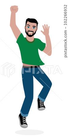 Jumping man wearing sneakers, t-shirt and jeans - handsome, cheerful, young, slim, sporty, bearded guy with a confident, friendly, smile. Isolated comic vector illustration on white background. 102266932