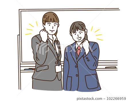 做膽量姿勢的女學生和老師 102266959