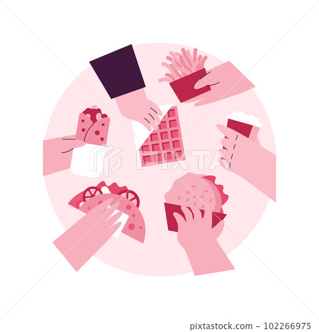 Street food abstract concept vector illustration. City food truck, public place, market and fair, quick snack, try new taste, travel guide, original recipe, public health abstract metaphor. 102266975