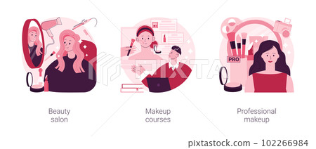 Beauty services abstract concept vector illustration set. Beauty salon, makeup course, professional cosmetics masterclass, nail studio, hair stylist, online workshop, skin treatment abstract metaphor. 102266984