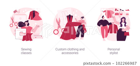 Fashion style abstract concept vector illustration set. Sewing classes, custom clothing and accessories, personal stylist, design studio, hand craft, fashion collection, hobby abstract metaphor. 102266987