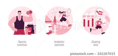 Sports supplements abstract concept vector illustration set. Sports nutrition, anabolic steroids, doping test, muscle mass, athletic performance, laboratory analysis, blood sample abstract metaphor. Sports supplements abstract concept vector illustration set. Sports nutrition, anabolic steroids, doping test, muscle mass, athletic performance, laboratory analysis, blood sample abstract metaphor. 102267015
