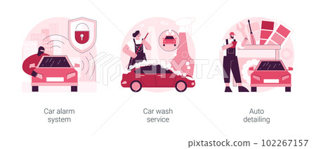 Automobile care service abstract concept vector illustration set. Car alarm system, car wash service, auto detailing, anti-theft, automatic wash, full service, vehicle detailing abstract metaphor. Automobile care service abstract concept vector illustration set. Car alarm system, car wash service, auto detailing, anti-theft, automatic wash, full service, vehicle detailing abstract metaphor. 102267157