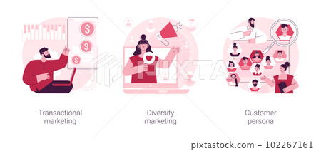Marketing strategies abstract concept vector illustration set. Transactional and diversity marketing, customer persona, individual sales, customized advertising, target audience abstract metaphor. Marketing strategies abstract concept vector illustration set. Transactional and diversity marketing, customer persona, individual sales, customized advertising, target audience abstract metaphor. 102267161