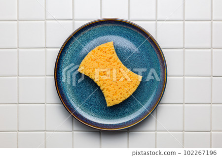 Sponge for washing dishes on plate on tiles. Top view. Sponge for washing dishes on plate on tiles. Top view. 102267196