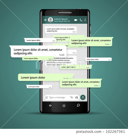 Modern vector mobile phone illustration with chat screen app, messaging template. Social network, chatting and messaging concept 102267361