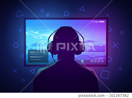 Vector Illustration Young Gamer Sit IN Front Of A Screen And Playing Video Game. Wearing Headphone.  102267362