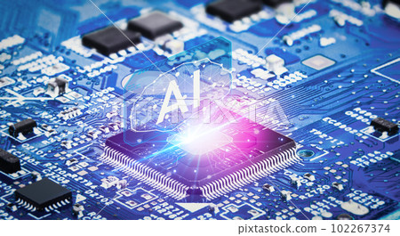 Close up of microprocessor with AI interface glowing on mainboard electronic computer background 102267374