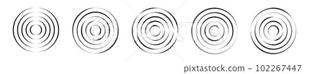 Set of circular ripple icons. Concentric circles with broken polka dot lines isolated on white background. Vortex, sonar wave, soundwave, sunburst, signal symbols 102267447