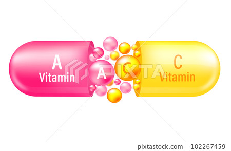 Vitamin complex A and C. Yelllow capsule and pink one with vitamin A and C on white background. Vector illustration. 102267459