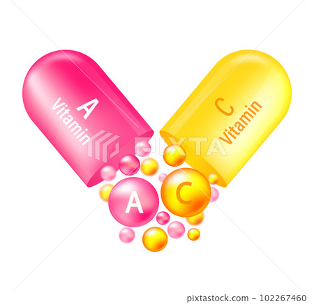 Vitamin complex A and C. Yelllow capsule and pink one with vitamin A and C on white background. Vector illustration. 102267460