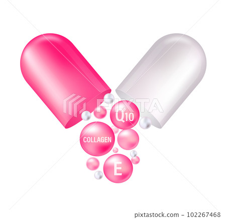 Collagen and vitamin Q10. Collagen serum and vitamin background concept skin care cosmetics solution vector design Collagen and vitamin Q10. Collagen serum and vitamin background concept skin care cosmetics solution vector design 102267468